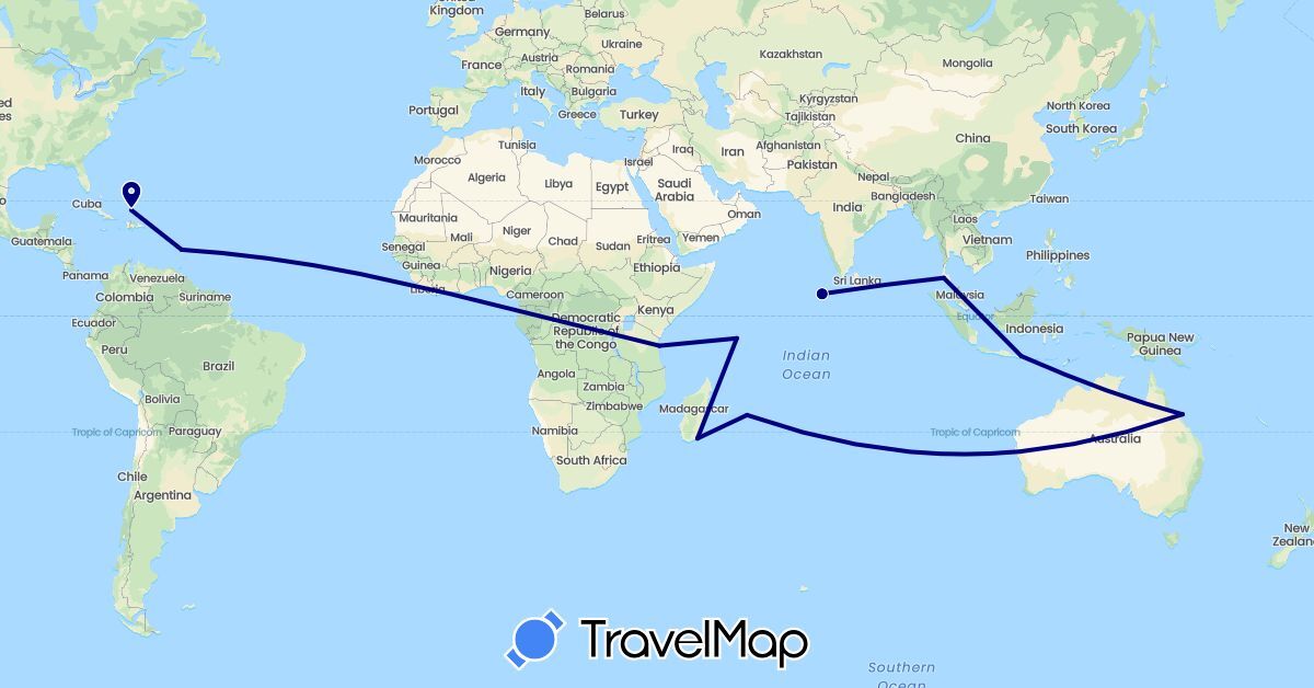 TravelMap itinerary: driving in Australia, Indonesia, Saint Lucia, Madagascar, Mauritius, Maldives, Seychelles, Turks and Caicos Islands, Thailand, Tanzania (Africa, Asia, North America, Oceania)